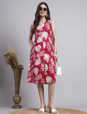 Women red floral cotton lurex dress 1