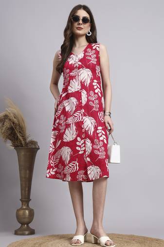 Women red floral cotton lurex dress