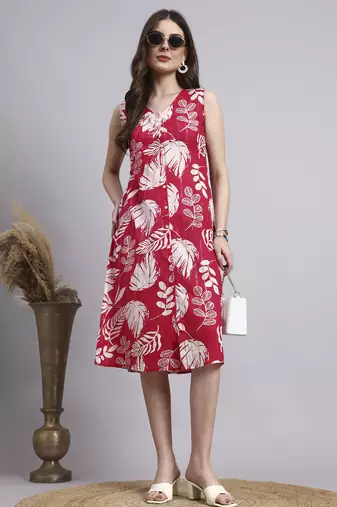 Women red floral cotton lurex dress