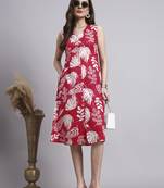 Women red floral cotton lurex dress