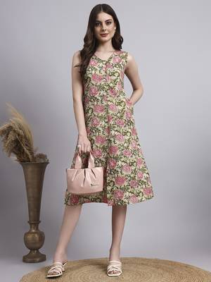 Women beige floral cotton dress 1