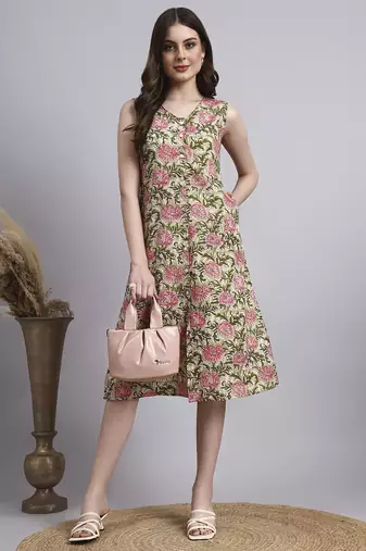 Women beige floral cotton  dress