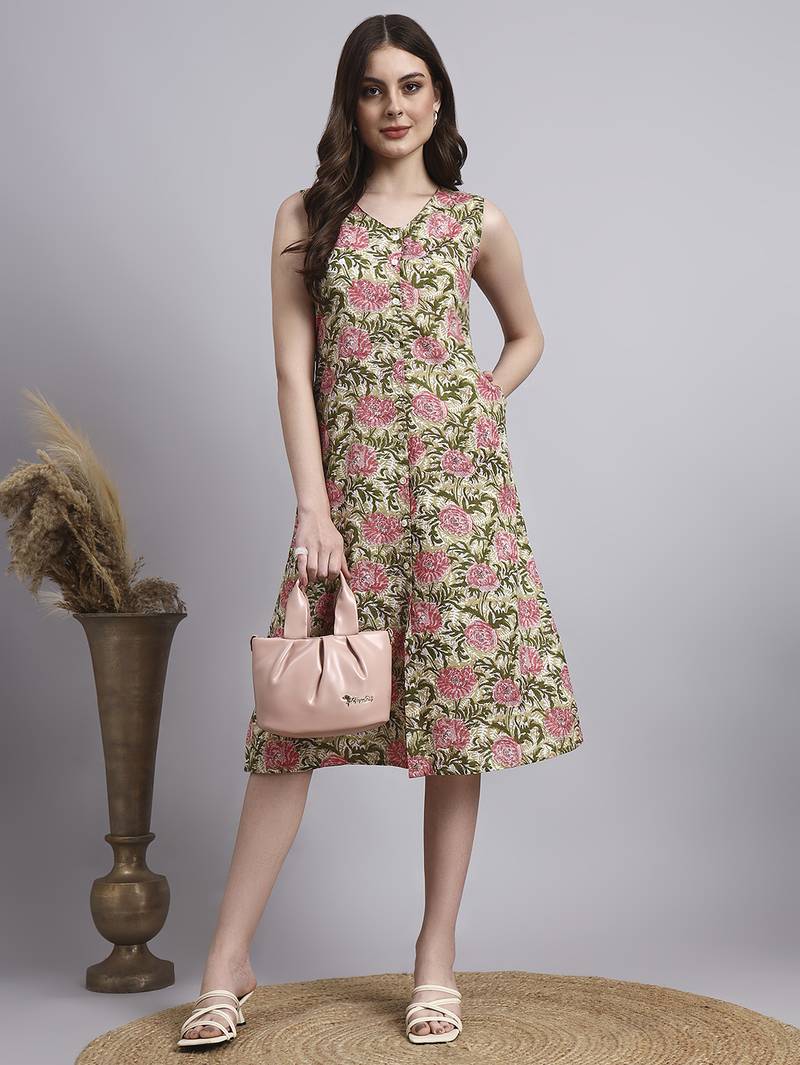 Women beige floral cotton  dress