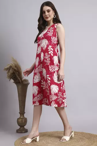 Women red floral cotton lurex dress