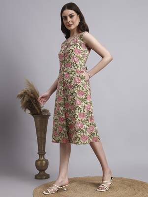 Women beige floral cotton dress 2