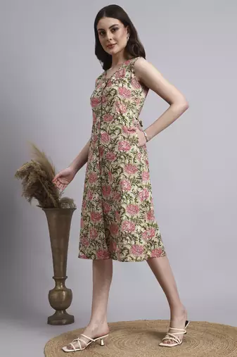 Women beige floral cotton dress
