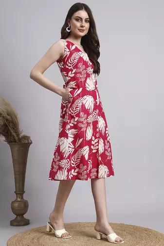 Women red floral cotton lurex dress
