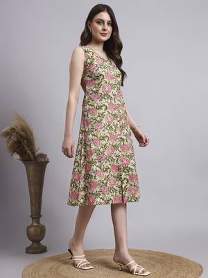 Women beige floral cotton dress 3
