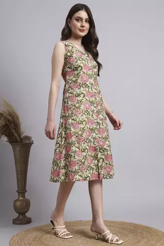 Women beige floral cotton dress