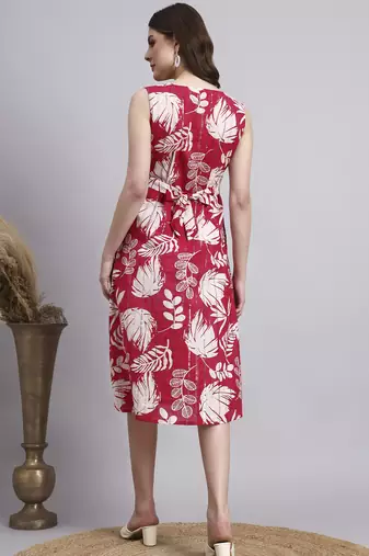 Women red floral cotton lurex dress