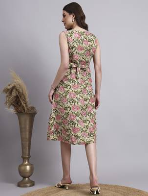 Women beige floral cotton dress 4
