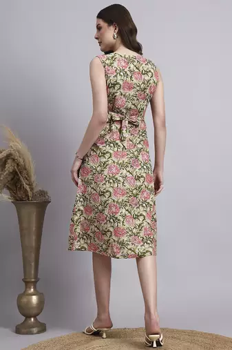 Women beige floral cotton dress