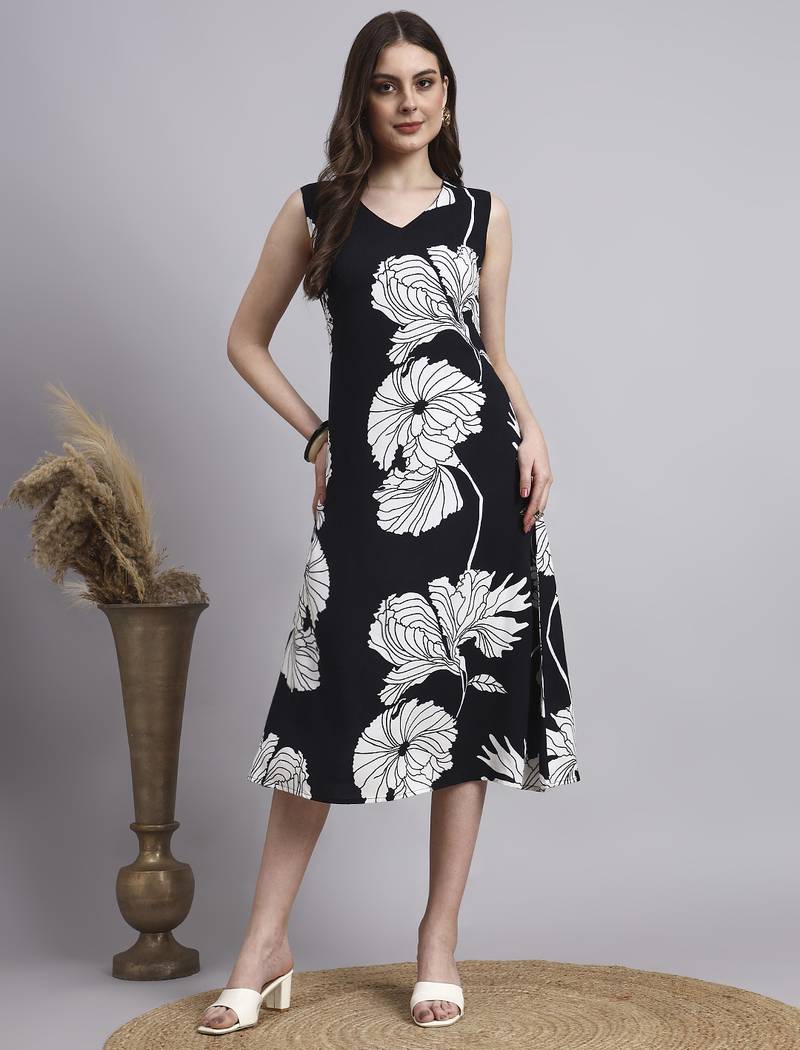 Women black floral rayon dress