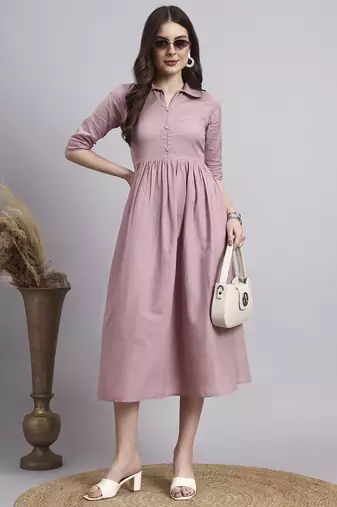 Women peach solid cotton flex dress