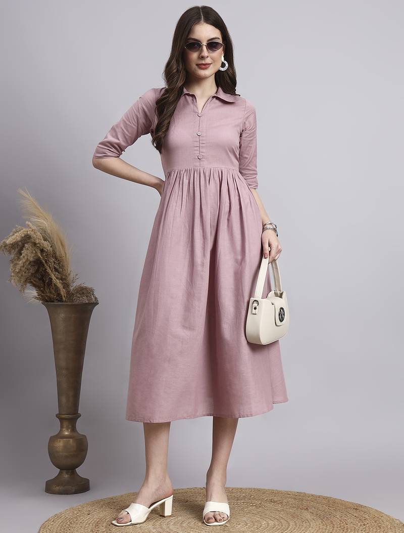 Women peach solid cotton flex dress