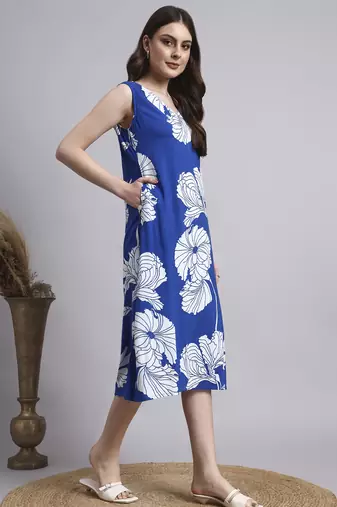 Women blue floral rayon dress