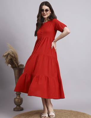 Women red solid cotton flex dress 1