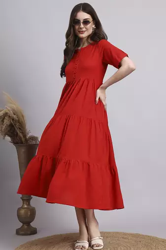 Women red solid cotton flex dress