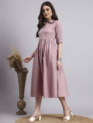 Women peach solid cotton flex dress 2