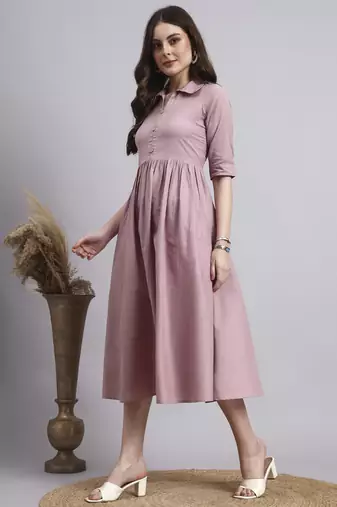 Women peach solid cotton flex dress
