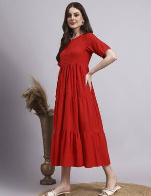 Women red solid cotton flex dress 2