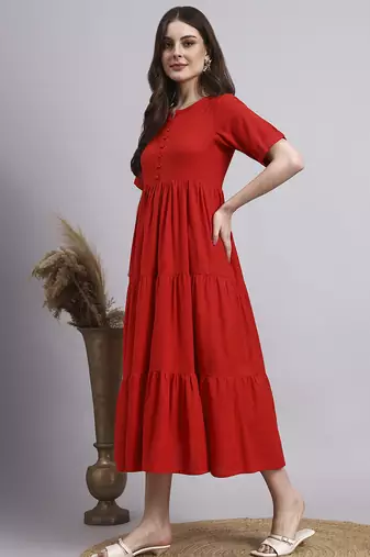 Women red solid cotton flex dress