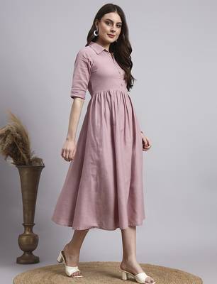 Women peach solid cotton flex dress 3
