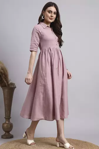 Women peach solid cotton flex dress