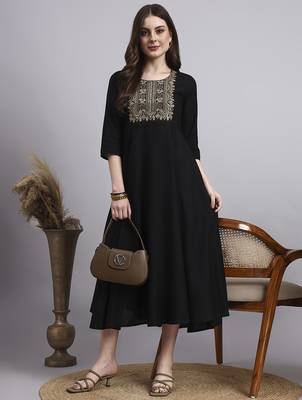Women black embroidery rayon dress 1