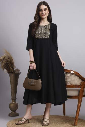 Women black embroidery rayon dress