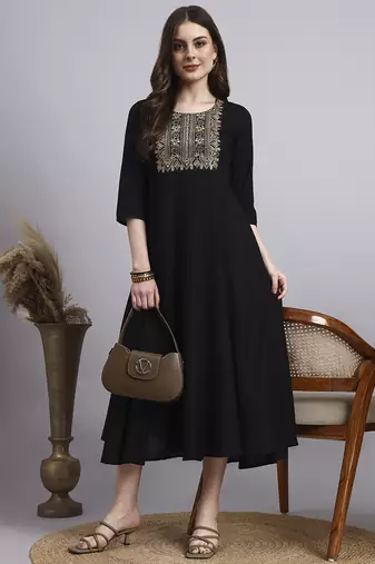 Women black embroidery rayon dress