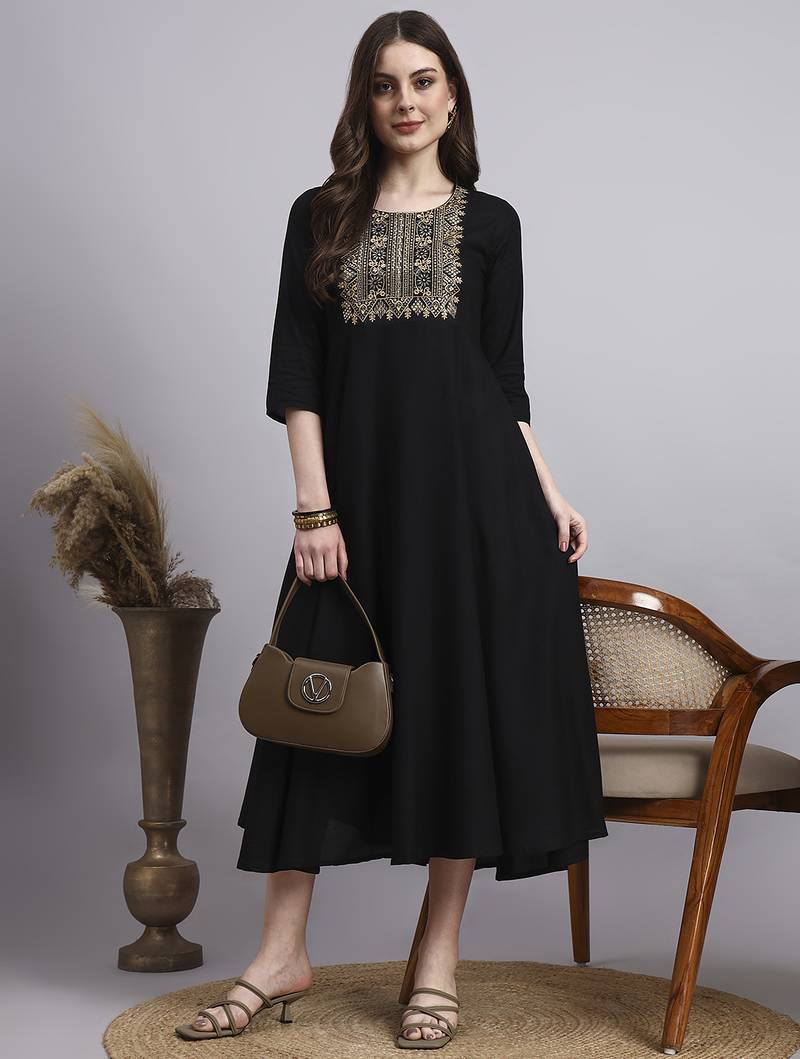 Women black embroidery rayon dress