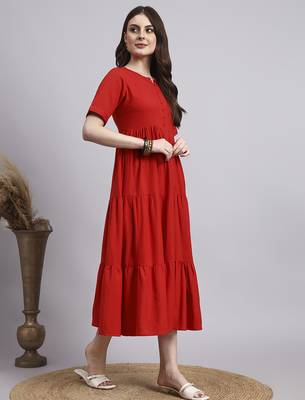 Women red solid cotton flex dress 3