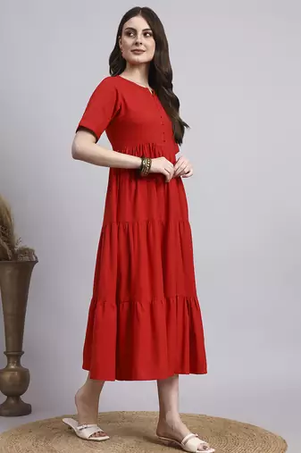 Women red solid cotton flex dress