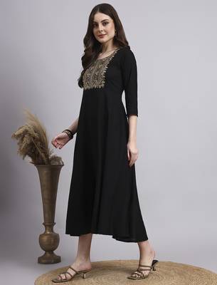 Women black embroidery rayon dress 2
