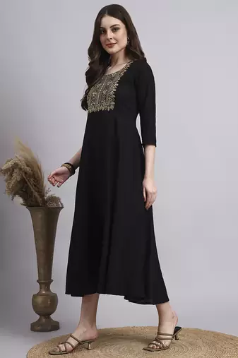 Women black embroidery rayon dress