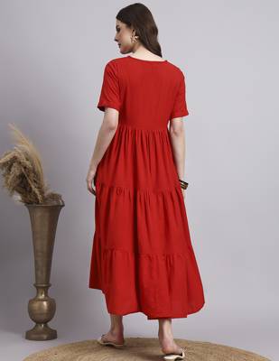 Women red solid cotton flex dress 4
