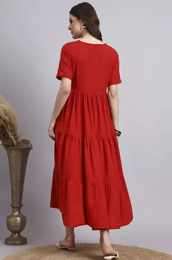 Women red solid cotton flex dress