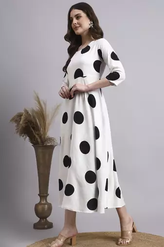 Women cream polka-dot rayon dress