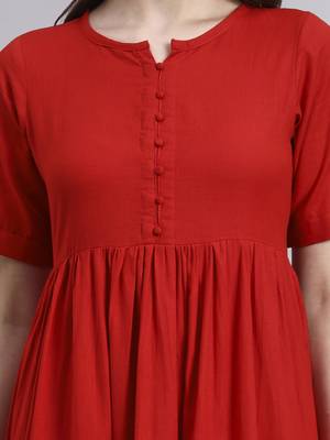 Women red solid cotton flex dress 5