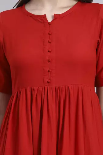 Women red solid cotton flex dress