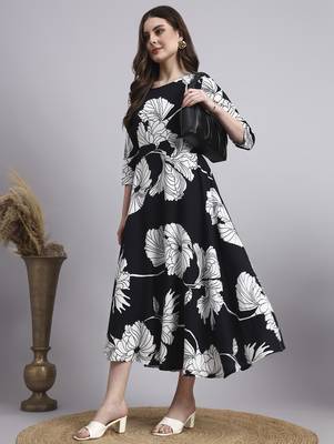 Women black floral rayon dress 1