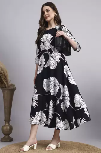 Women black floral rayon dress