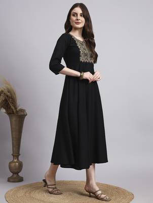 Women black embroidery rayon dress 3