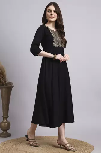 Women black embroidery rayon dress