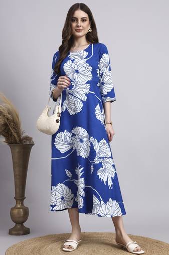 Women blue floral rayon dress