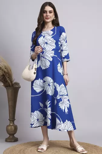 Women blue floral rayon dress
