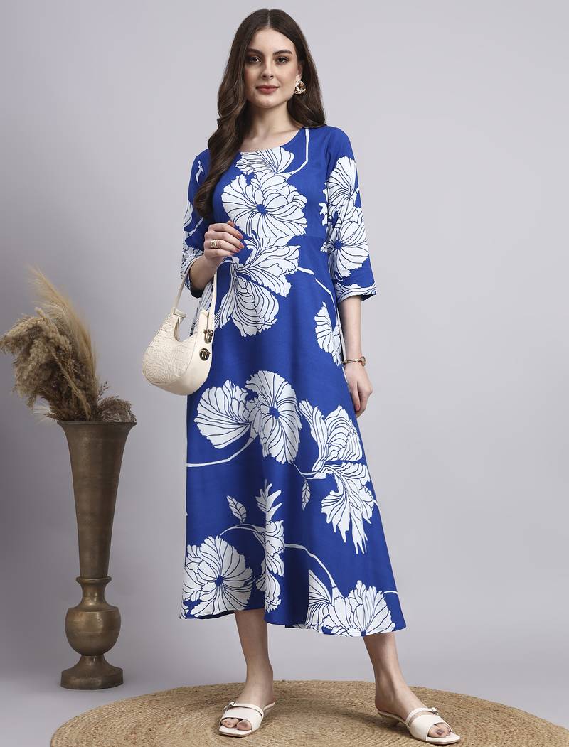 Women blue floral rayon dress