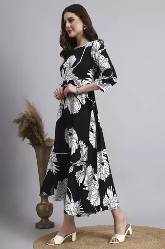 Women black floral rayon dress