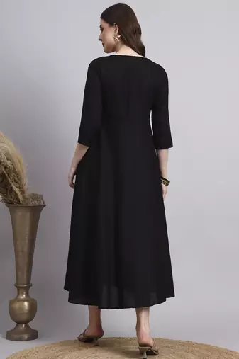 Women black embroidery rayon dress